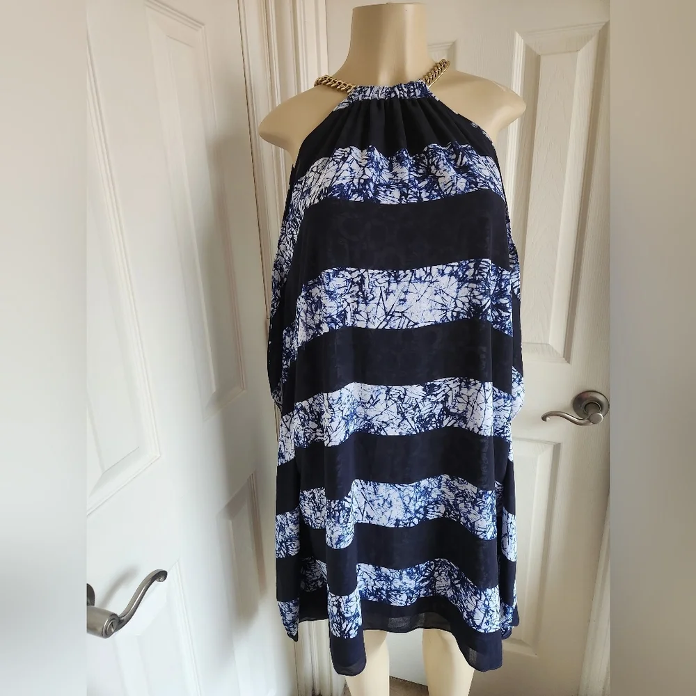 Michael Kors Striped Tie Dye Blue Chain Halter Dress‎ Size M